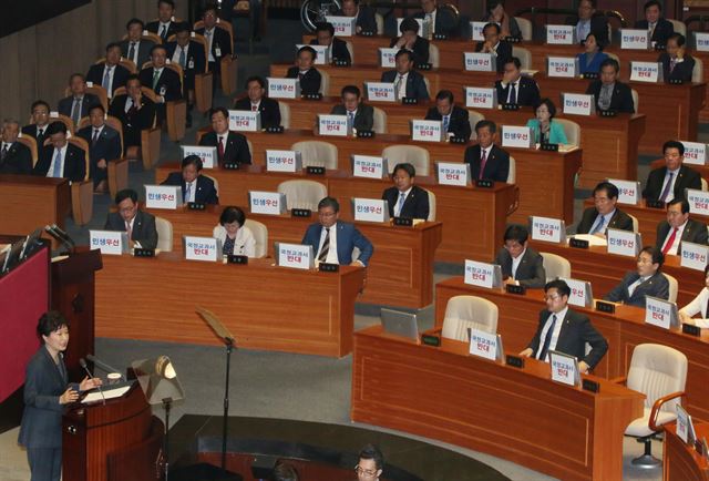 박근혜 대통령이 27일 국회 본회의장에서 내년도 예산안 시정연설을 하고 있다. 야당 의원들은 박 대통령이 볼 수 있도록 모니터 뒷면에 '국정교과서 반대' 등이 적힌 A4용지를 붙여 역사교과서 국정화 추진에 대한 반대 의사를 밝혔다. 고영권기자 youngkoh@hankookilbo.com