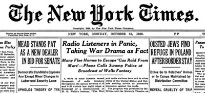 오손 웰스가 연출한 라디오 드라마 '우주 전쟁'이 가져온 간밤의 소동을 보도했던 다음날 뉴욕타임스의 1면 톱 기사.