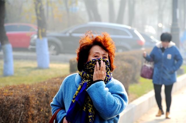 중국 북동부 하얼빈시에 3일 주민이 심각한 대기오염때문에 코를 가리고 걷고 있다. 이날 하얼빈시는 대기오염 주의보를 발령했다.하얼빈=신화 연합뉴스