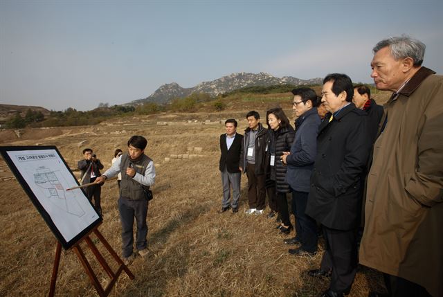 국회 외교통일위원회 나경원 위원장 등 위원들이 2일 북한 개성 만월대 남북공동발굴조사 현장을 시찰하고 있다. 국회 제공