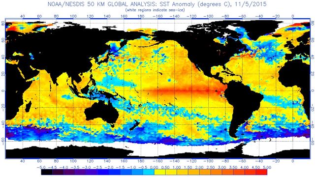 현재 해수면 온도가 평년보다 얼마나 높은지를 보여주는 지도(11월 5일 기준). 빨간색에 가까울수록 평년보다 수온이 높다는 의미인데, 남미 대륙의 왼쪽인 동태평양 적도 부근은 평년보다 약 5도나 높은 수온을 나타내고 있다. 미국 국립해양대기청(NOAA) 제공