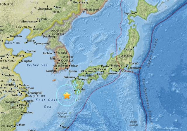 일본 동남부 규슈 앞바다에서 14일 오전 5시51분께 규모 7.0의 강진이 발생했다고 미국 지질조사국(USGS)이 밝혔다. USGS 홈페이지 캡처