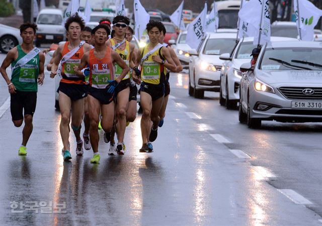 제61회 한반도통일 대역전 경주대회 첫날인 17일 각 시도 대표선수들이 제1소구간 제주도청-도련2동 도로를 역주하고 있다. 제주=고영권기자youngkoh@hankookilbo.com