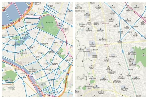 네이버 지도에서 송파구와 강북구 자전거도로를 검색한 결과. 아파트가 많아서 환경정비가 쉬운 송파구에 비해 주택가가 많은 강북구는 자전거도로가 거의 없다.