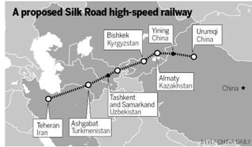 중국 서부 우루무치에서 이란 테헤란까지 이어지는 실크로드 고속철의 노선도. 출처 차이나데일리