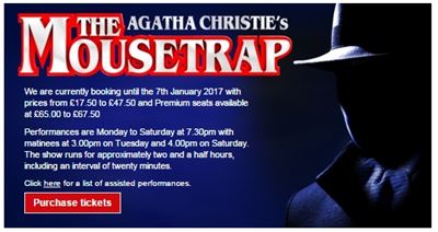 영국 세인트마틴 극장의 연극 ‘쥐덫’ 입장권 예매 안내문. www.the-mousetrap.co.uk