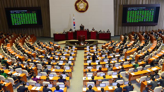 정의화(단상 위) 국회의장이 30일 국회 본회의에서 한중FTA 비준동의안을 상정해 표결하고 있다. 오대근기자 inliner@hankookilbo.com