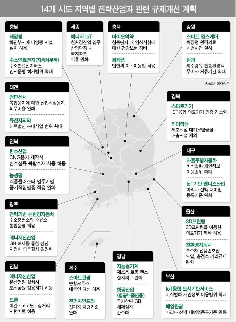 14개 시도 지역별 전략산업 및 관련 핵심규제. 기획재정부 제공