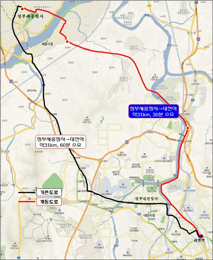 세종-대전대덕테크노밸리 연결도로 노선도. 이 도로가 개통되면 종전 1시간이던 통행 시간이 30분으로 단축될 전망이다. 행복청 제공