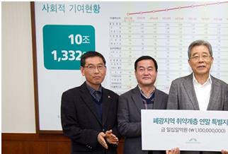 강원랜드는 28일 함승희(왼쪽 세번째) 대표와 태백ㆍ삼척시, 영월ㆍ정선 등 폐광지 4개 시군 관계자들이 참석한 가운데 기초생계급여대상자 특별지원을 위한 기금전달식을 가졌다. 강원랜드 제공