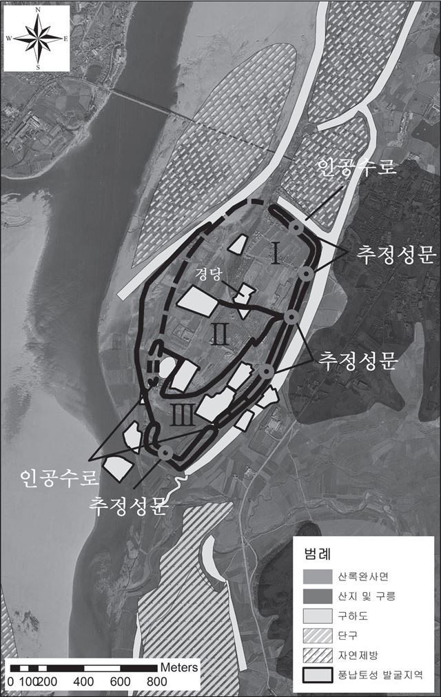 1966년 항공사진을 토대로 분석한 풍납토성 일대. 사진에 표시된 경당 인근에 한성백제 당시 왕의 처소가 있었을 것으로 추정된다. 서울시 제공