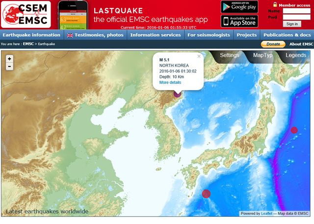 유럽지중해지진센터(EMSC)는 6일 북한의 풍계리 지역에서 진도 5.1의 지진이 발생했다고 밝혔다. 사진은 6일 유럽지중해지진센터 홈페이지에 표시된 정보. EMSC 홈페이지 갈무리