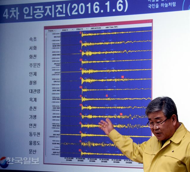 북한이 첫 수소탄 실험에 성공했다고 발표한 6일 오후 서울 대방동 기상청에서 고윤화 기상청장이 4차 인공지진에 대한 브리핑을 하고 있다 . 배우한기자 bwh3140@hankookilbo.com