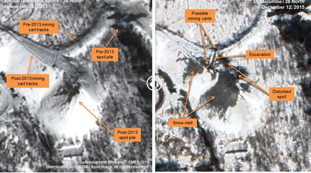 북한이 6일 조선중앙TV 특별 중대 보도를 통해 수소탄 핵실험을 실시했다고 발표했다. 이날 유럽지중해지진센터(EMSC)와 미국지질조사국(USGS), 중국지진센터 등은 북한의 풍계리 핵실험장 인근에서 오전 10시30분(한국시간) 규모 5.1의 지진이 발생했다고 전했다. 사진은 38노스가 지난 해 11월 30일 공개한 것. 왼쪽은 풍계리 2015년 11월 28일, 오른쪽은 2015년 12월 12일 모습으로 상업 인공위성을 판독한 결과 풍계리에서 핵실험을 위한 터널공사가 계속되고 있다고 밝혔다. 2016.1.6 << 38노스 홈페이지 >>