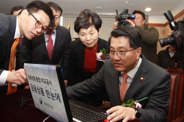 13일 서울 여의도 금융감독원에서 열린 '금융상품 통합 비교공시 서비스 오픈식'에서 진웅섭 금감원장(오른쪽)이 금융유관협회 임원들이 지켜보는 가운데 홈페이지 시연을 하고 있다. 금감원 제공