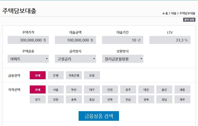 금융상품한눈에(http://finlife.fss.or.kr)의 '주택담보대출' 상품 검색 화면. 금융상품한눈에 홈페이지 캡처