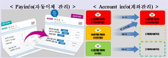 계좌이동서비스(Payinfoㆍ왼쪽)가 자동이체 내역을 계자간에 자유롭게 이동하는 시스템이라면, 계좌통합관리서비스(Account infoㆍ오른쪽)는 본인의 계죄를 조회ㆍ잔고이전ㆍ해지 등을 통합관리 하는 시스템이다. 금융위원회 제공