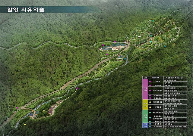 경남 함양군은 먹고, 쉬고, 즐기면서 면역력을 높이는 능동형 힐링 프로그램을 제공하는 '치유의 숲'을 조성, 내년 초 시범 운영에 들어갈 계획이다. 사진은 '치유의 숲' 조감도.
