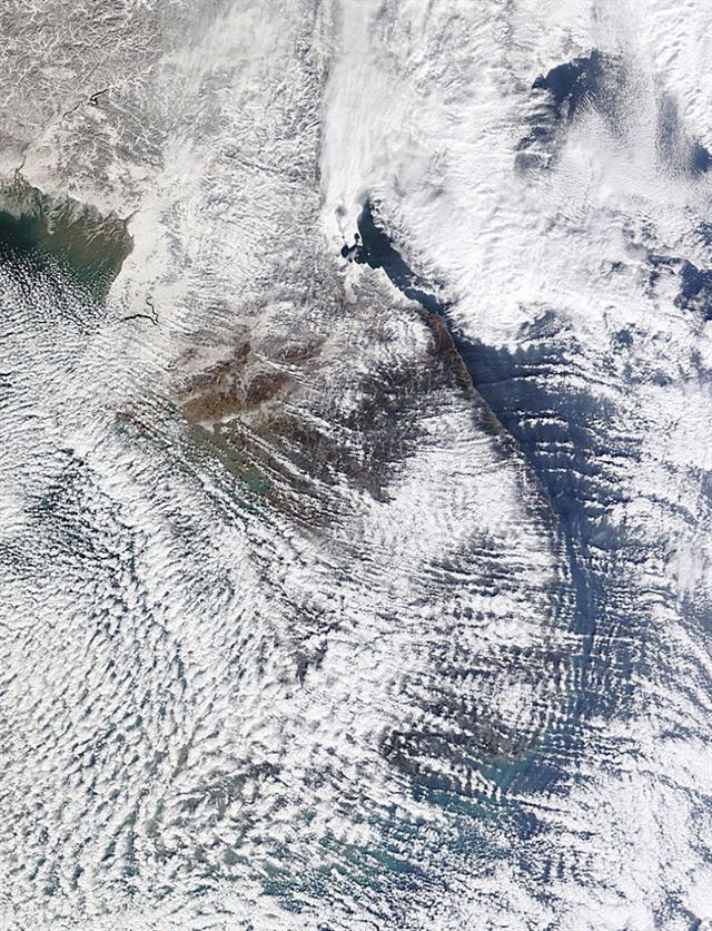 전국이 한파와 폭설로 꽁꽁 얼어붙은 19일 서울을 비롯한 중북부 지방은 체감온도가 -20도 아래까지 떨어지며 서울에는 첫 한파주의보가 내려졌고 충남과 호남, 제주도에는 대설특보가 내려진 가운데 사진은 지구관측위성인 모디스(MODIS) terra 위성이 촬영한 해상도 1km급 한반도의 모습./ NASA terra 갈무리