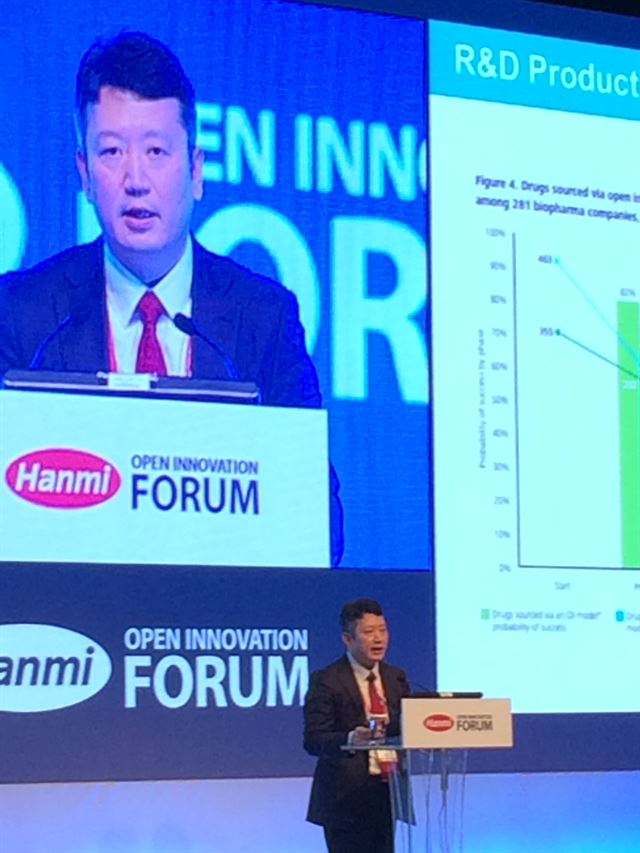 손지웅 한미약품 부사장이 21일 서울 신라호텔에서 열린 ‘제1회 한미 오픈 이노베이션 포럼’에 참석해 주제발표를 하고 있다. 임소형기자 precare@hankookilbo.com