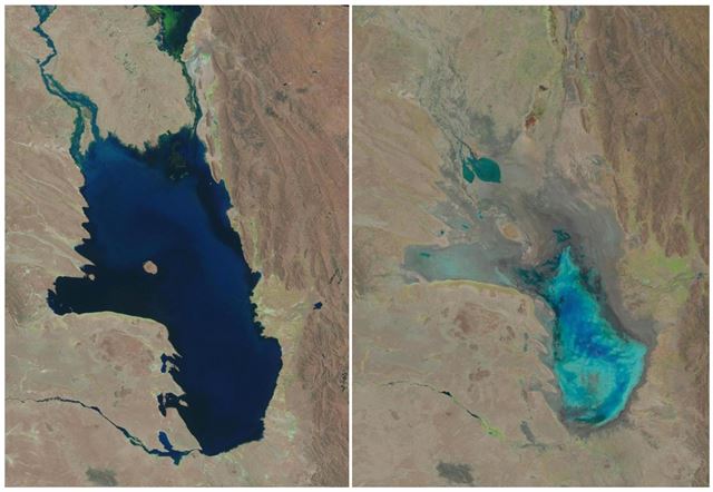 미국 지질조사소가 공개한 위성사진으로 1986년 10월 11일과 2016년 1월 16일 현재 말라버린 볼리비아 포포호. 안데스 빙하가 사라지면서 포포호의 급격히 말라버렸다. AP 연합뉴스