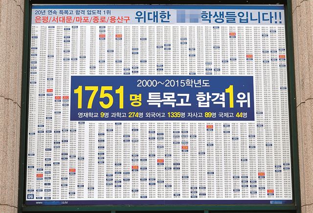 서울 은평구의 한 입시학원이 내건 특목고 합격자 명단에 16년 전인 2000년 합격자까지 동원되어 있다.