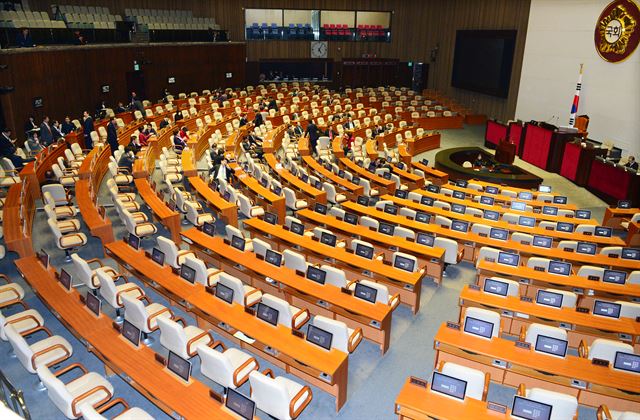 29일 국회 본회의장이 여야간 원샷법과 선거구획정법안 상정등에 대한 여야이견으로 회의가 지연된 가운데 새누리당 의원만이 입장해 더불어민주당의 입장을 기다리고 있다.오대근기자 inliner@hankookilbo.com