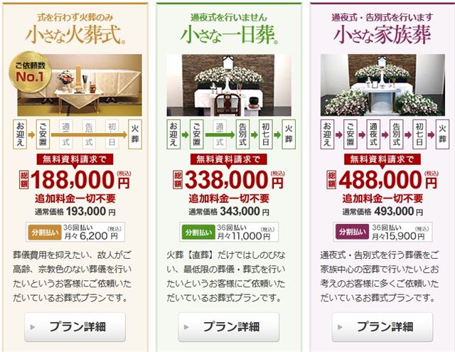 일본 작은 장례식 전문 업체의 홈페이지. 입관 후 조문 과정을 생략하고 바로 화장하는 장례식 상품을 18만8,000엔에 선보이고 있다.