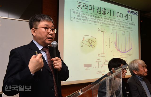 [저작권 한국일보]이형목 한국중력파연구 협력단 이형목 단장이 12일 서울 명동 이비스 앰버서더호텔에서 열린 1 '중력파 검출'에 관한 한국 과학자 기자회견에서 라이고(LIGO) 검출기가 충돌하는 두 블랙홀로부터 방출된 중력파 관측에 대해 설명하며 몸으로 중력파에 대해 실연해 보고있다.2016.-2.12신상순 선임기자ssshin@hankookilbo.com