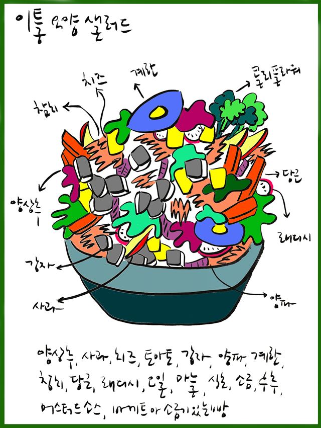 시장에서 살 수 있는 채소는 무엇이든. 식감을 위해 사과와 당근 중 하나는 끼워 넣을 것.