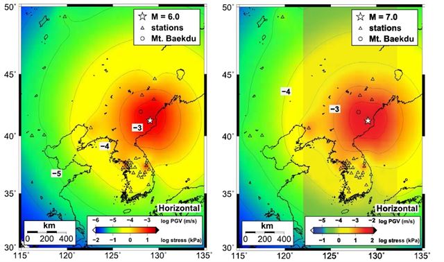 북한 함북 길주군 풍계리 핵실험에서 일어나는 지진이 주변 지역에 끼치는 영향력을 나타낸 그래프. 연세대 제공.