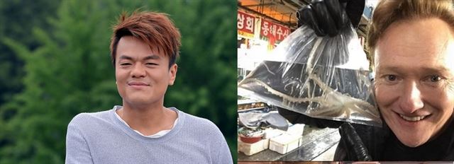 박진영(왼쪽)과 코난 오브라이언은 18일 만나 '비밀 프로젝트'를 진행해 대중의 관심을 샀다. 한국일보 자료사진 코난 오브라이언 인스타그램