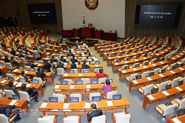 여야가 선거구 획정안에 합의한 가운데 선거구가 사라질 위기에 있는 여야 의원들의 반발이 극심하다. 23일 본회의장에서 새누리당 의원들이 더불어민주당 의원들의 입장을 기다리고 있다. 오대근기자 inliner@hankookilbo.com