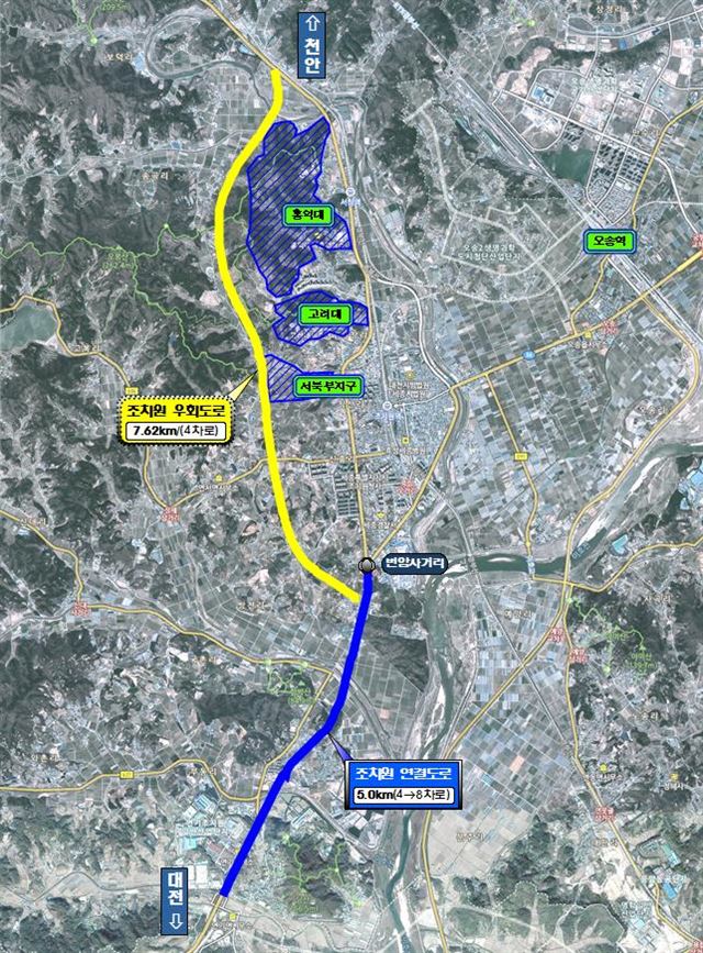 조치원 연결도로 확장사업 및 우회도로 사업 노선도. 세종시 제공