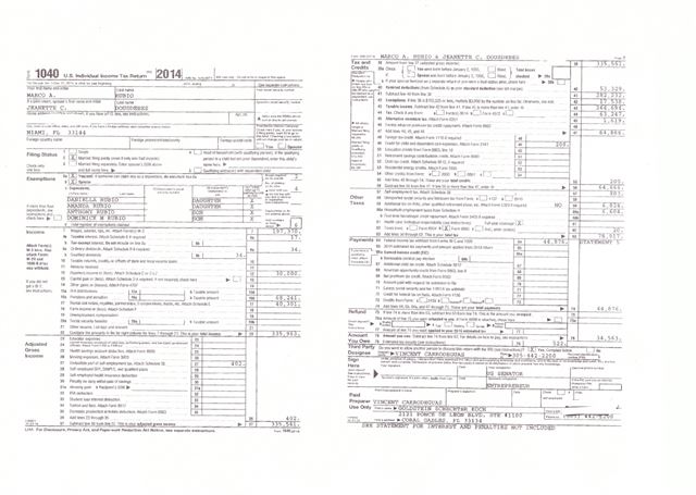 마르코 루비오 의원이 공개한 2014년 납세자료. 33만여달러 소득을 올려 이 가운데 6만5,000달러에 가까운 세금을 낸 것으로 확인됐다.