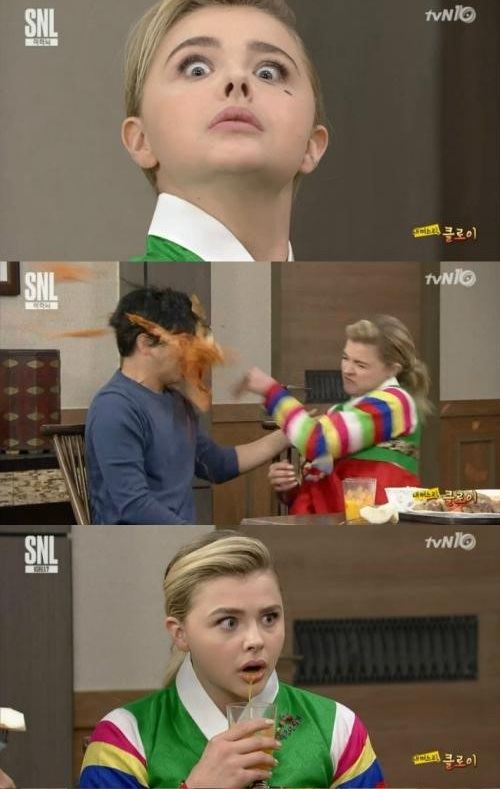 5일 방송된 tvN ‘SNL 코리아’에 출연한 클로이 모레츠가 ‘막장 드라마’ 속 연기를 재연했다. 화면 캡처