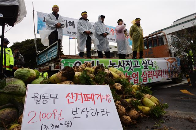 8일 제주도청 앞 도로에서 제주 농민들이 냉해를 입은 농작물과 한파로 파손된 농업시설물에 대해 대책을 촉구하는 결의대회를 가졌다. 김영헌기자