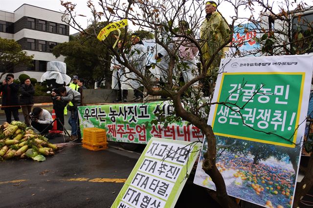 8일 제주도청 앞 도로에서 제주 농민들이 냉해를 입은 농작물과 한파로 파손된 농업시설물에 대해 대책을 촉구하는 결의대회를 가졌다. 김영헌기자