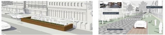 도로변에 의자와 탁자를 놓은 파클렛(parklets)과 주차면 설치 예시. 서울시 제공