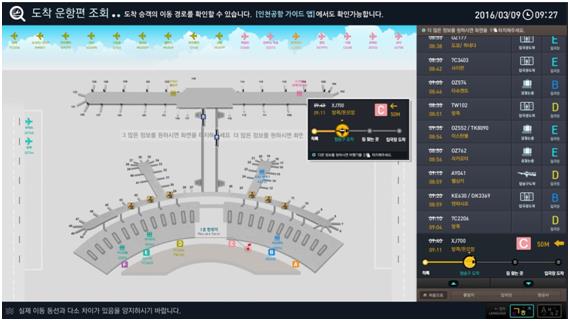 천국제공항의 ‘도착 여객 위치 안내 서비스’ 디지털 안내판 화면. 인천공항공사 제공