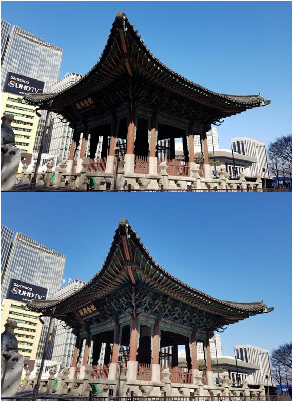 HDR 기능을 끄고 촬영한 사진(위)과 켜고 촬영한 사진. 그림자가 진하게 드리워진 고증즉위40년칭경기념비전의 처마와 본래 색상이 살아난 처마의 차이가 명확하다.