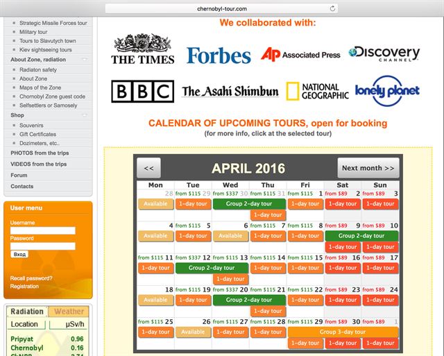 체르노빌 투어를 진행하는 한 여행업체 홈페이지. 4월 예약이 꽉 차있다. 이 업체는 홈페이지에서 세계 유수언론과 협력한다고 광고하고 있다. 피에르 엠마뉴엘 델레트헤 프리랜서기자 pe.deletree@gmail.com