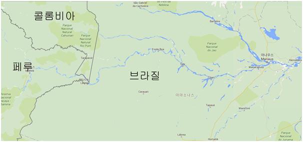 아마존 강은 페루 이키토스에서 브라질 벨렘까지 3,200km의 곡류를 그리며 흐른다.