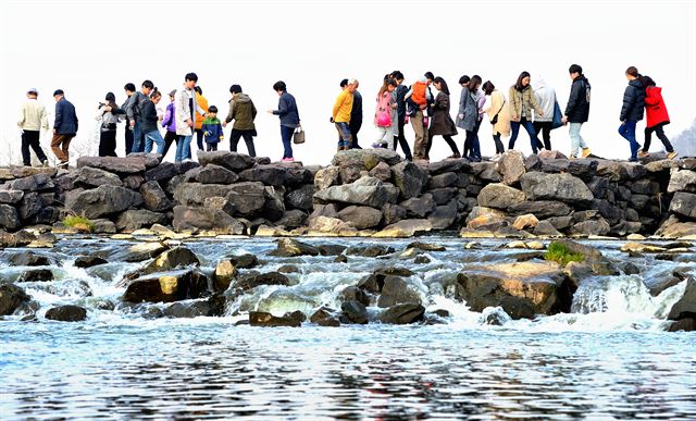 충북 진천군 문백면 구곡리 굴티마을 앞 세금천 위에 만들어진 농다리는 서로를 배려해서 조금씩 길을 내 주면 돌다리 사이사이로 물이 흐르듯 자연스럽게 가고 싶은 길로 갈 수 있다. 왕태석기자 kingwang@hankookilbo.com