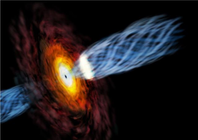 은하(원반 모양)의 중심에 있는 블랙홀(원반 가운데 점)에서 거대한 규모의 가스인 '제트'(원기둥 모양)가 분출되고 있는 모습의 상상도. 일본국립천문대 제공