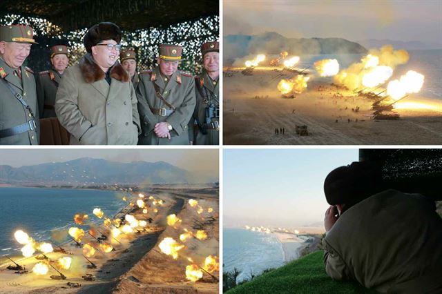 김정은 북한 국방위원회 제1위원장이 인민군 전선대연합부대 장거리 포병대 집중화력타격연습을 지휘하면서 청와대와 정부종합청사 등 서울시내의 주요 정부기관을 파괴하고 남한을 통일해야 한다고 위협했다. 사진은 김정은 위원장의 훈련 지휘 장면을 보도한 25일자 노동신문. 연합뉴스