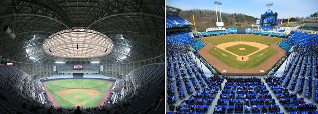 넥센의 고척스카이돔 구장(왼쪽)과 삼성의 라이온즈파크. 연합뉴스