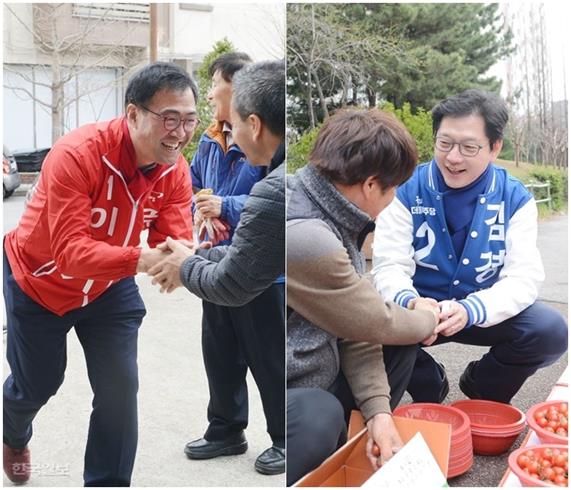 [왼쪽] 4ㆍ13총선에 출마한 이만기(김해을) 새누리당 후보가 24일 경남 김해 삼문동 대성교회 앞에서 한 주민과 인사하고 있다.