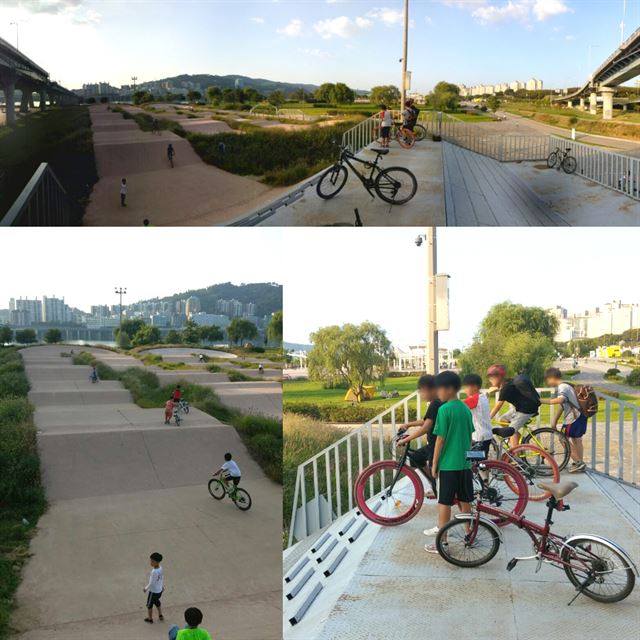 지난해 서울 한강 광나루의 BMX용 자전거공원에 놀러 온 아이들. 헬멧 없이는 위험하다고 말렸지만 결국 하나씩 가파른 경사를 내려갔다. 사내 녀석들 좀 다치면서 크는 거지, 하다가도 불쑥 불안한 생각이 든다.