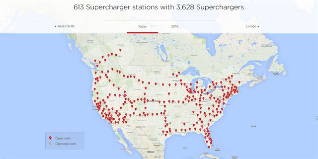 현재 테슬라의 슈퍼차저 설치 현황. 테슬라 홈페이지 캡쳐